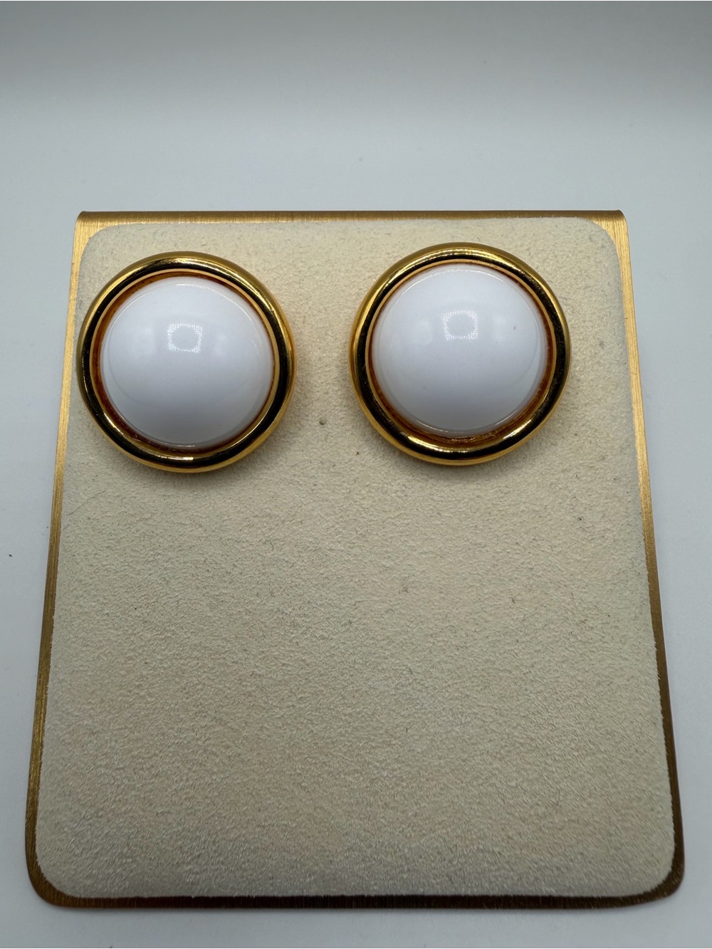 Gold and White Dome Button Earrings - Classic Women Jewelry